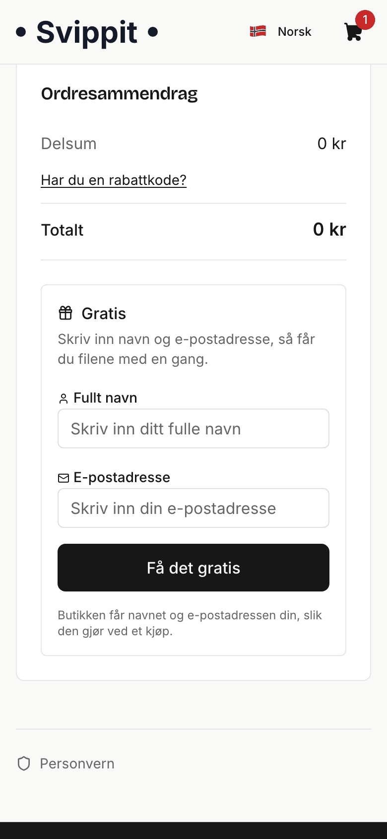 Gratis kasse med felter for navn og e-postadresse og knappen Få det gratis