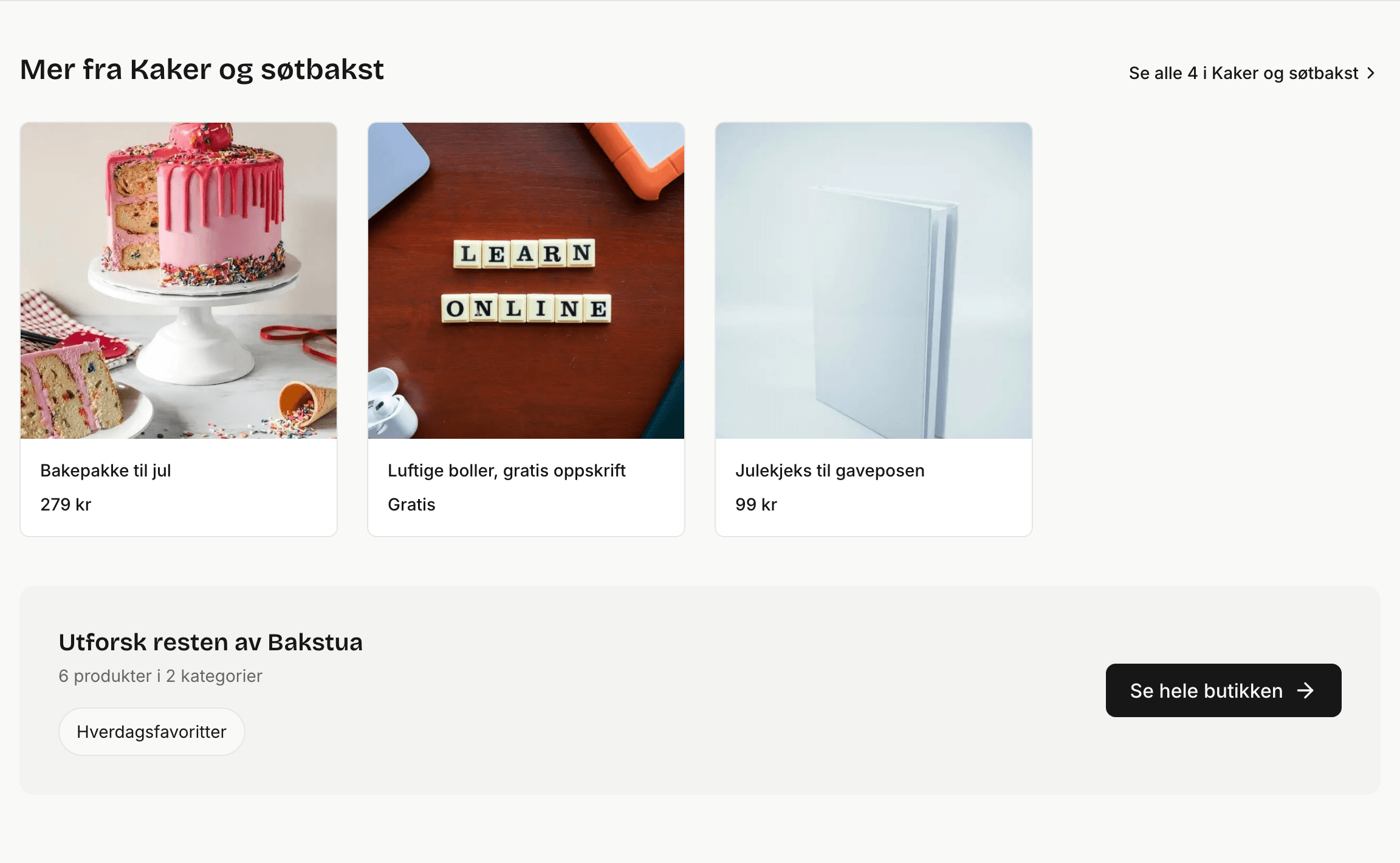 Relaterede produkter og links til resten af Bakstua under kagen