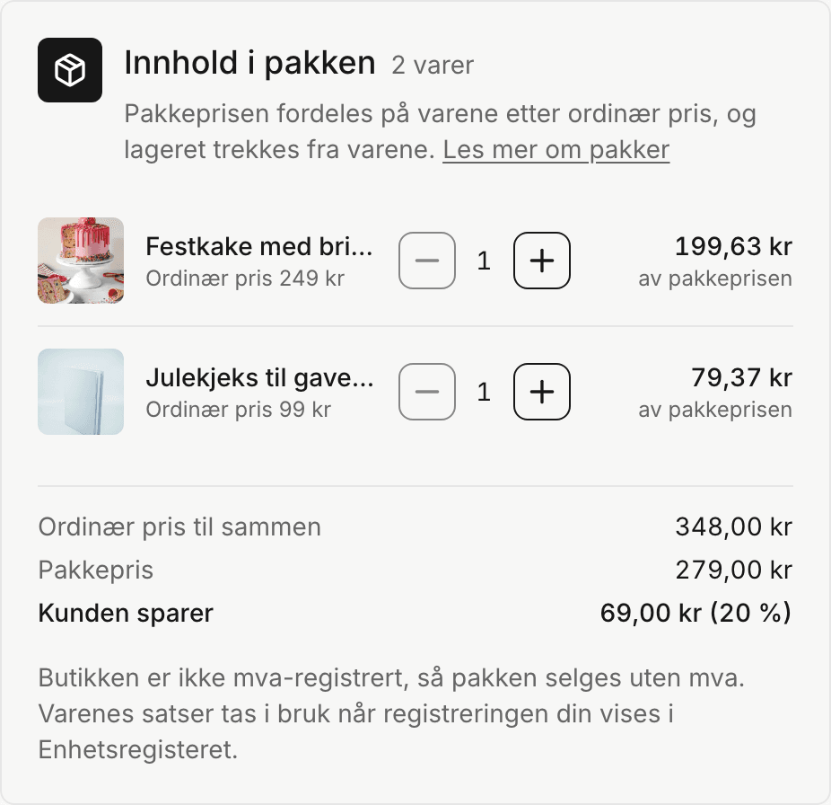 Pakkeskjemaet med festkake og julekjeks som to komponenter