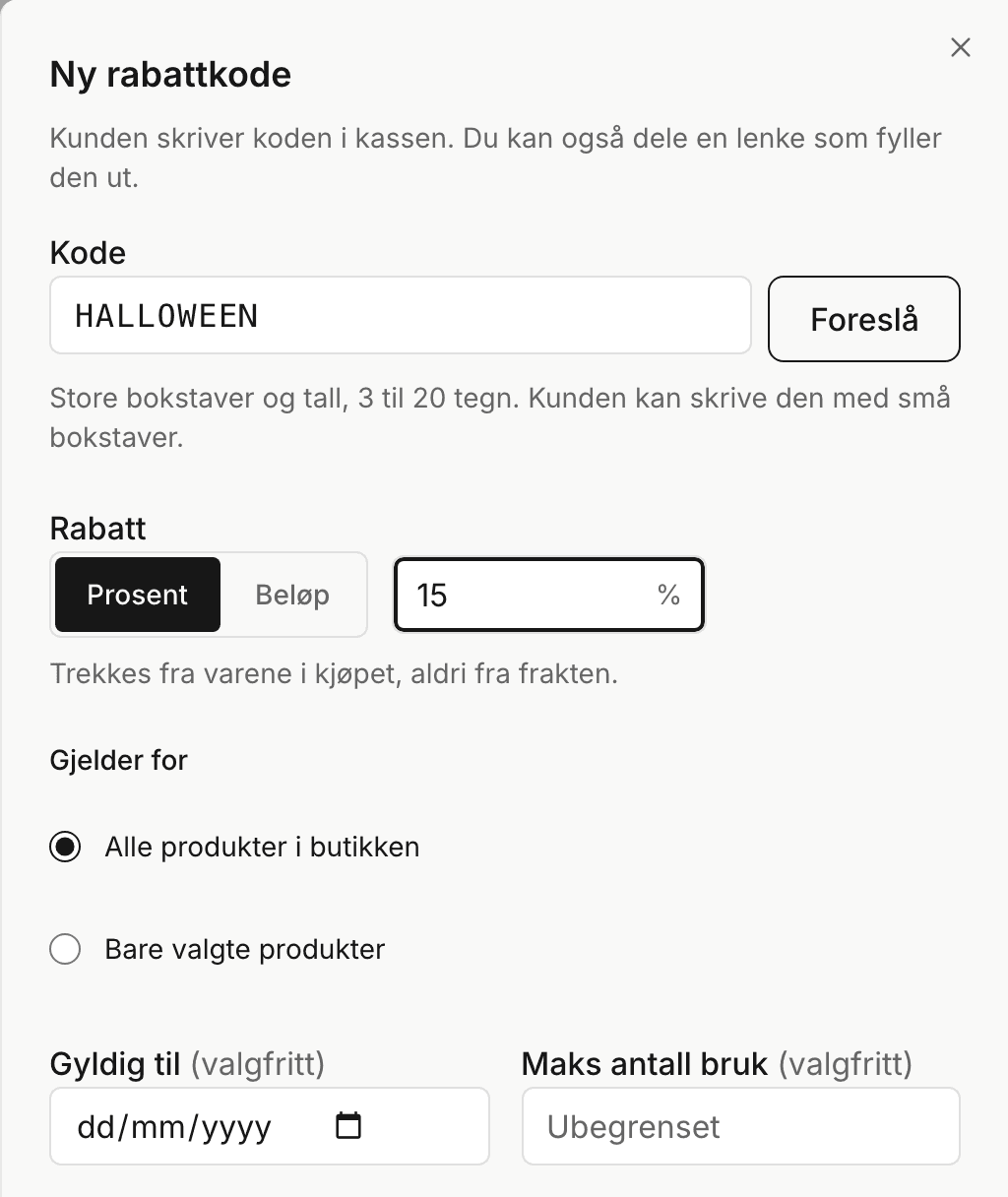 Formularen til en ny rabatkode med HALLOWEEN indtastet
