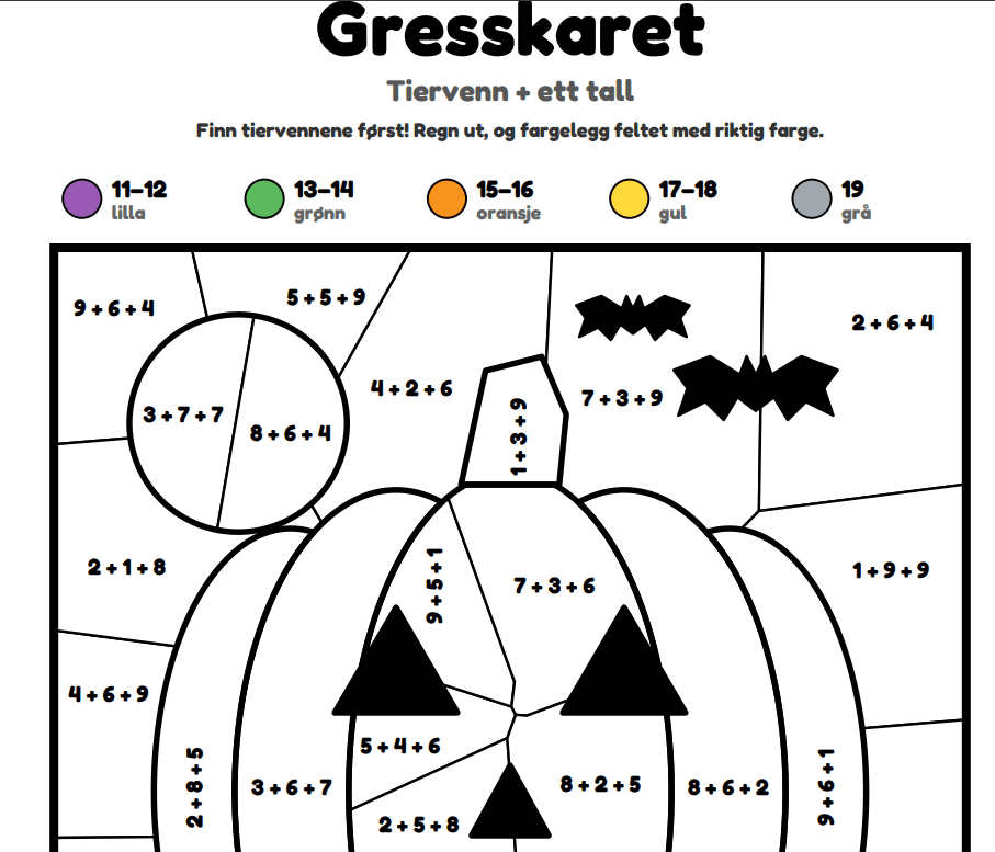 Halloween fargelegging med mening (regning)