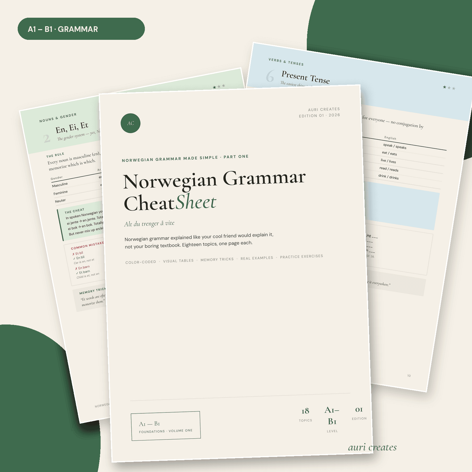 Norwegian Grammar Cheat Sheet Vol 1 – A1-B1 Grammar Guide | Norskprøven Prep | PDF